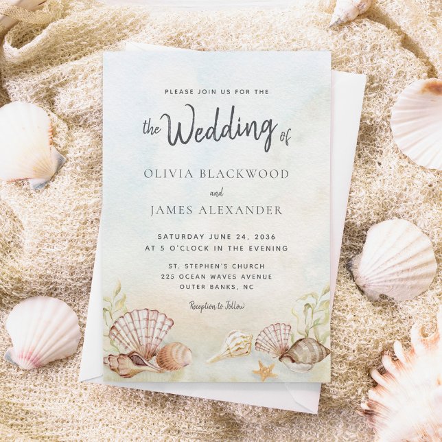 Watercolor Tropical Beach Seashells Wedding Invitation (Creator Uploaded)