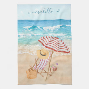 Watercolor Tropical Beach  Tea Towel
