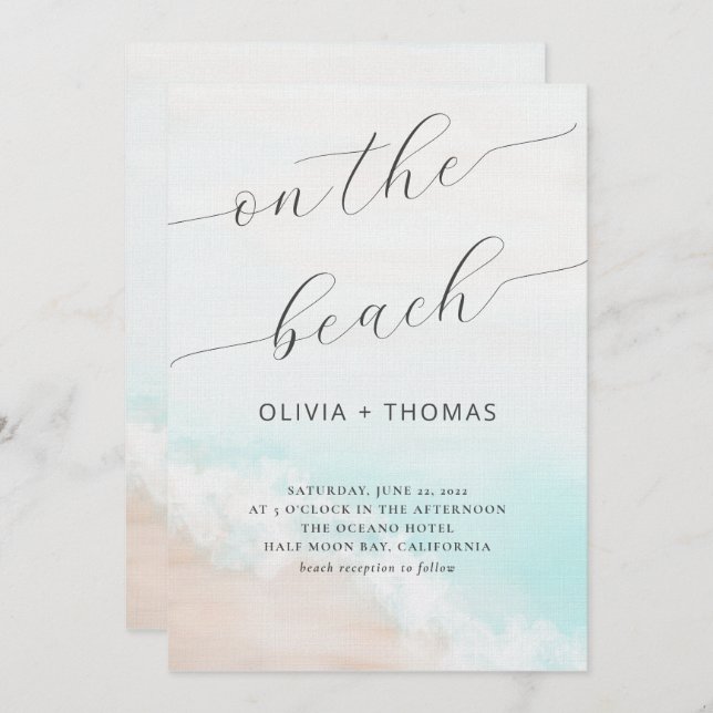 Watercolor Tropical Beach Wave Calligraphy Wedding Invitation (Front/Back)