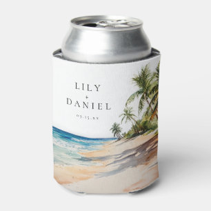 Watercolor Tropical Beach Wedding Can Cooler