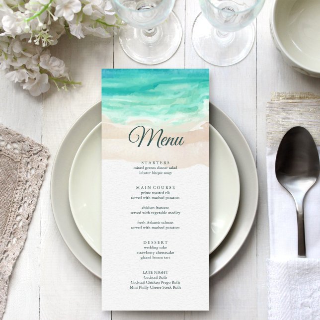 Watercolor Tropical Beach Wedding Menu Card (Watercolor Tropical Beach Wedding Menu on white wedding dinner table)