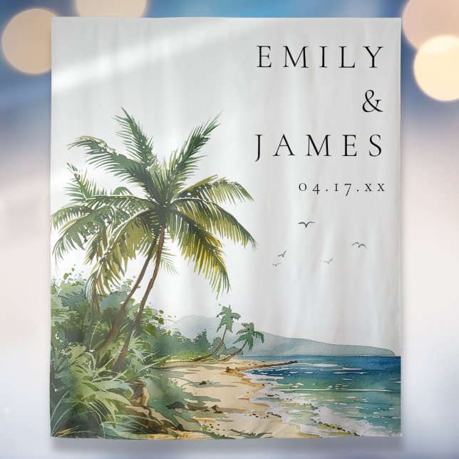 Watercolor Tropical Beach Wedding Photo Backdrop Tapestry (Watercolor Tropical Beach Wedding Photo Backdrop)