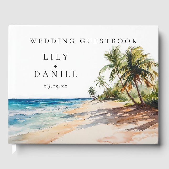 Watercolor Tropical Beach Wedding Photo Guest Book (Front)