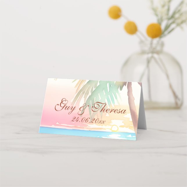 Watercolor Tropical Beach Wedding Place Card (Front)