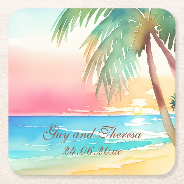 Watercolor Tropical Beach Wedding Square Paper Coaster (Front)