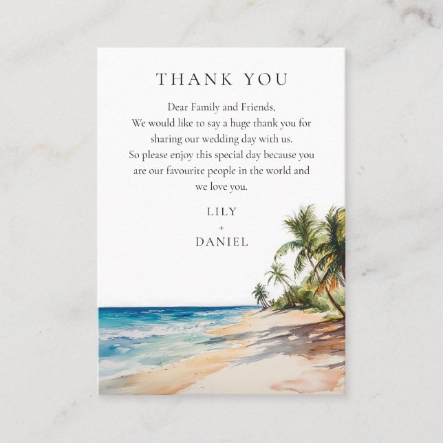 Watercolor Tropical Beach Wedding Thank You Place Card (Front)