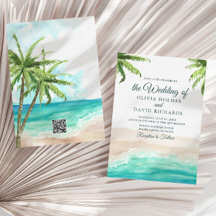 Watercolor Tropical Beach with QR Code Wedding Invitation
