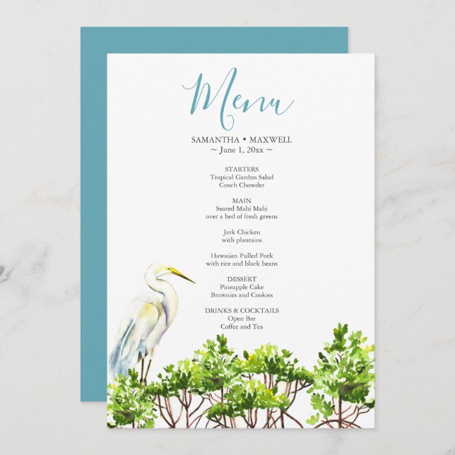 Watercolor Tropical Bird and Mangroves Menu Invitation (Front/Back)