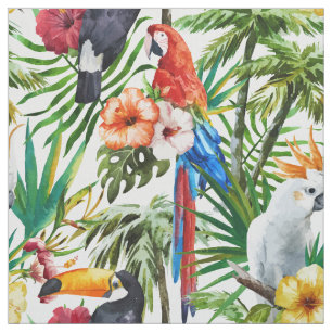 Watercolor tropical birds and foliage pattern fabric