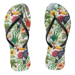 Watercolor tropical birds and foliage pattern jandals