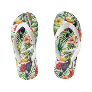 Watercolor tropical birds and foliage pattern kid's jandals