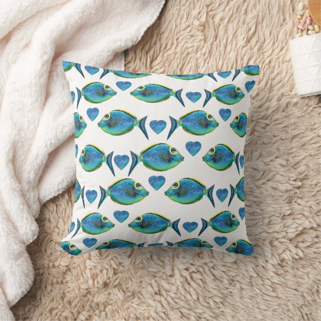 Watercolor Tropical Blue Fish and Hearts Cushion (Blanket)