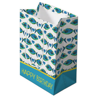 Watercolor Tropical Blue Fish and Hearts Medium Gift Bag
