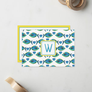 Watercolor Tropical Blue Fish and Hearts Monogram Card