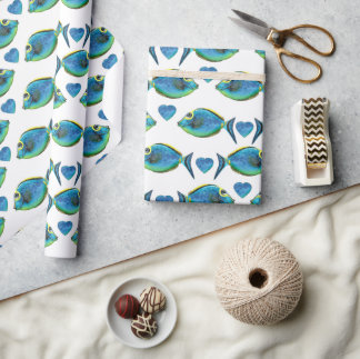 Watercolor Tropical Blue Fish and Hearts Wrapping Paper