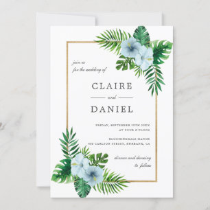 Watercolor Tropical Blue Floral Wedding Invitation