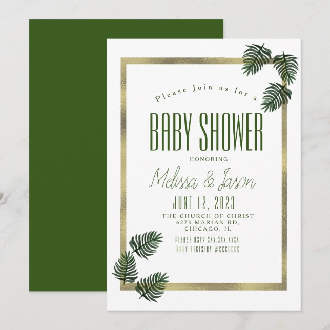 Watercolor Tropical Botanic Foil Palm Baby Shower Invitation (Front/Back)