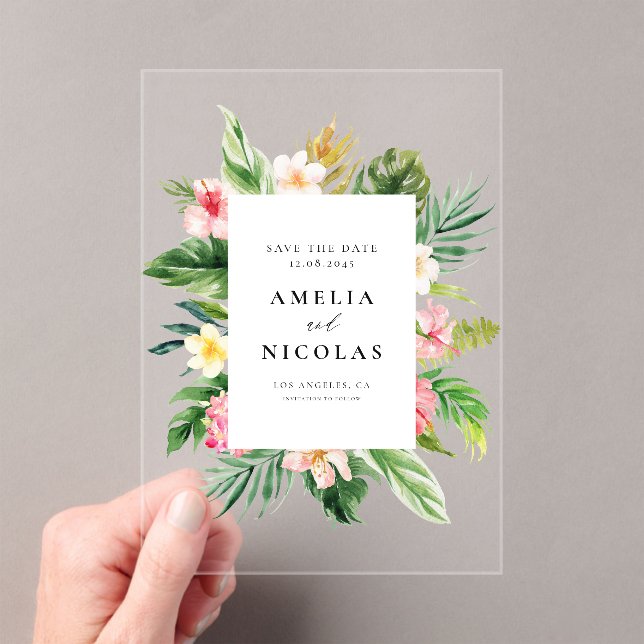 Watercolor Tropical Botanical Frame Save the Date Acrylic Invitations (Insitu (Handheld))