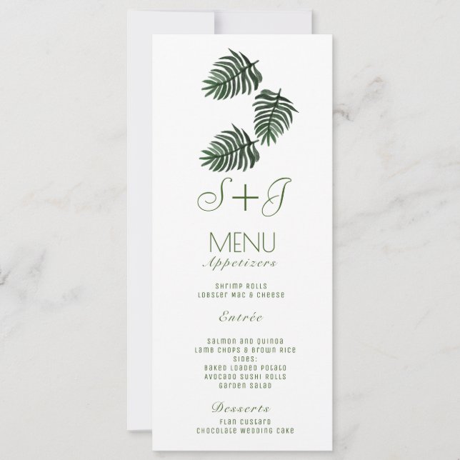 Watercolor Tropical Botanical Palm Leaf Drop- Menu (Front)