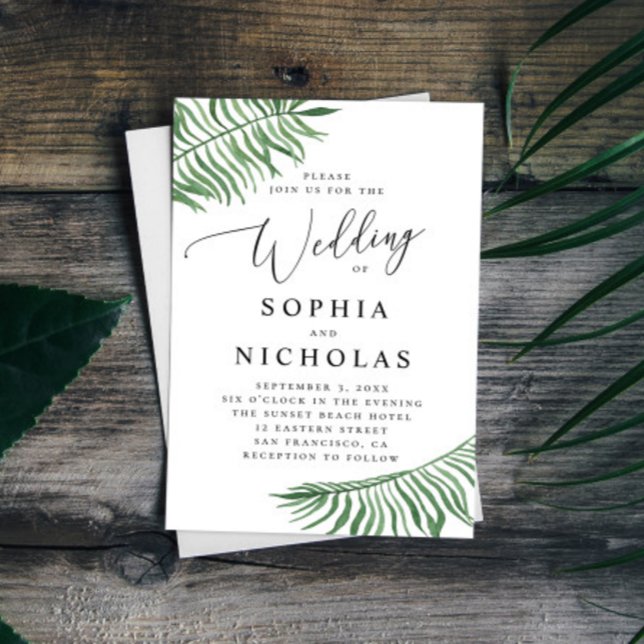 Watercolor tropical botanical wedding. Palm leaves Invitation (Creator Uploaded)