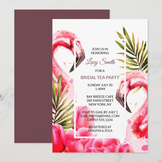 Watercolor Tropical Bridal Tea Party | Flamingoes Invitation (Front/Back)