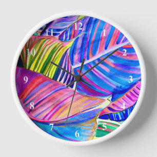 Watercolor tropical canna leaves clock