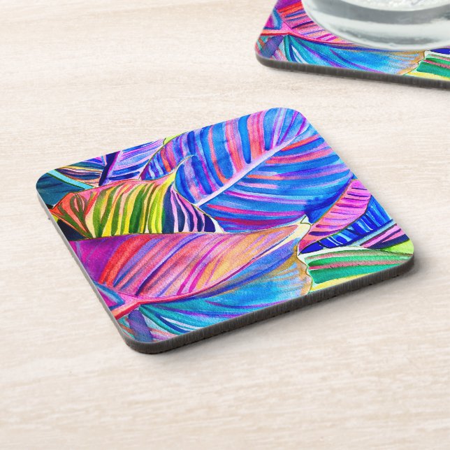 Watercolor tropical canna leaves coaster (Left Side)