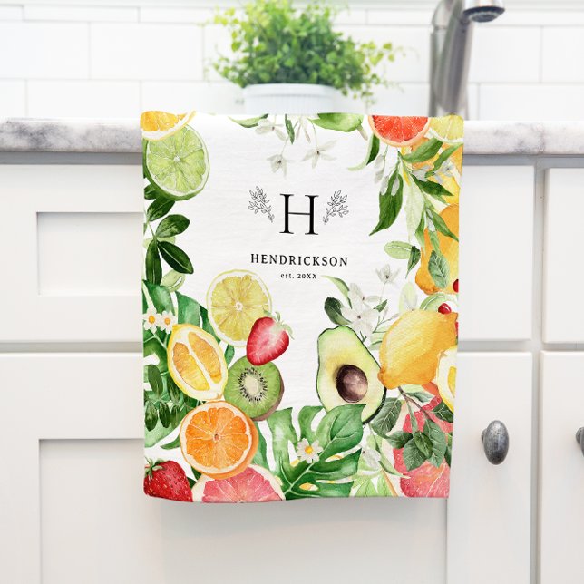 Watercolor Tropical Citrus Fruit Monogram Tea Towel (Creator Uploaded)