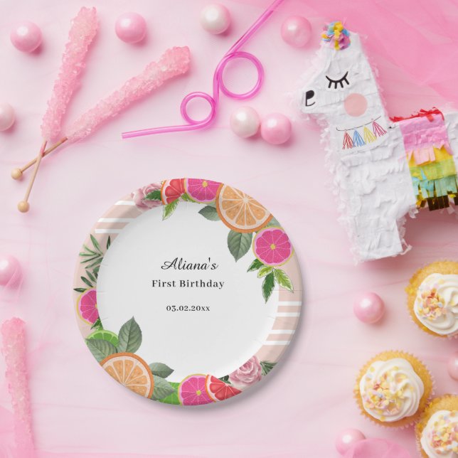 Watercolor Tropical Citrus Minimal birthday Paper Plate (Party)