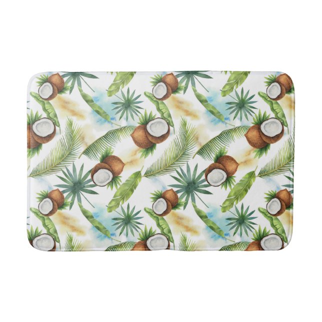 Watercolor Tropical Coconut Pattern Bath Mat (Front)