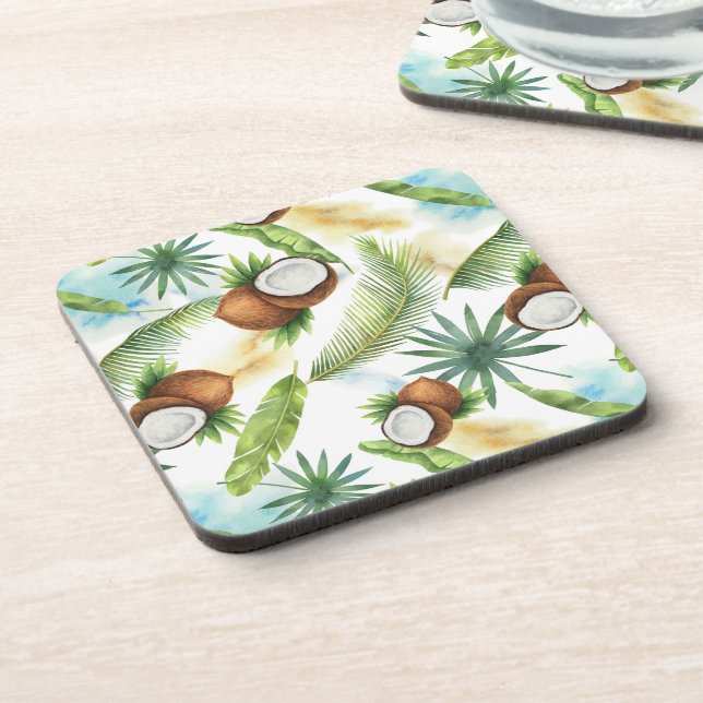 Watercolor Tropical Coconut Pattern Coaster (Left Side)