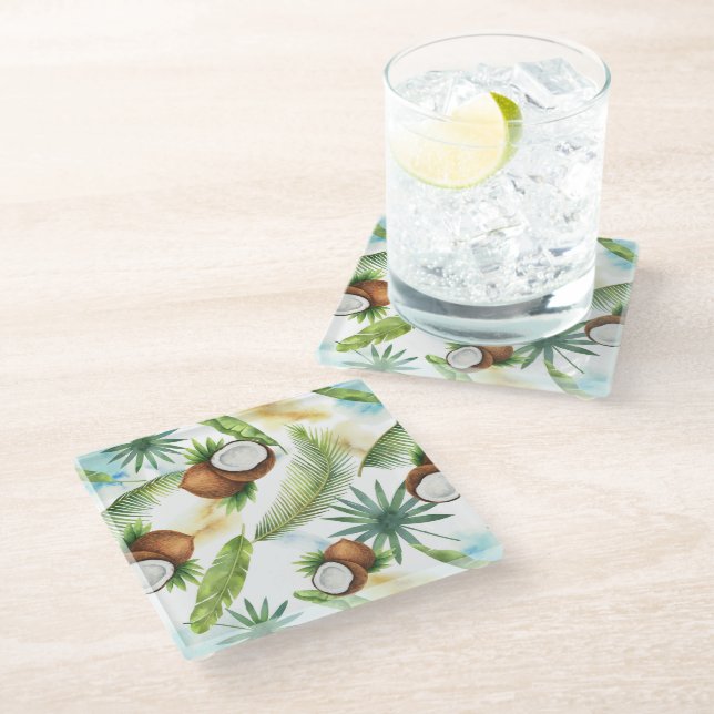 Watercolor Tropical Coconut Pattern Glass Coaster (Angled)