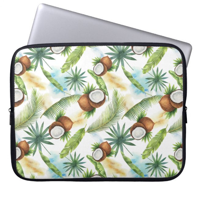 Watercolor Tropical Coconut Pattern Laptop Sleeve (Front)