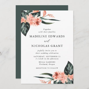 Watercolor Tropical Coral Floral Bouquet Wedding Invitation