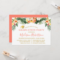 Watercolor Tropical Coral Floral Gold Grad Party