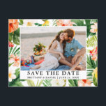 Watercolor Tropical Coral Floral Save The Date Postcard<br><div class="desc">Modern Watercolor Tropical Coral Floral,  Greenery and Palm Leaves Save The Date Photo Engagement Announcement Postcard</div>