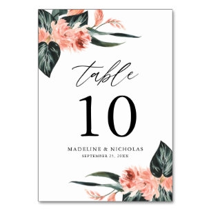 Watercolor Tropical Coral Flowers Wedding Table Number