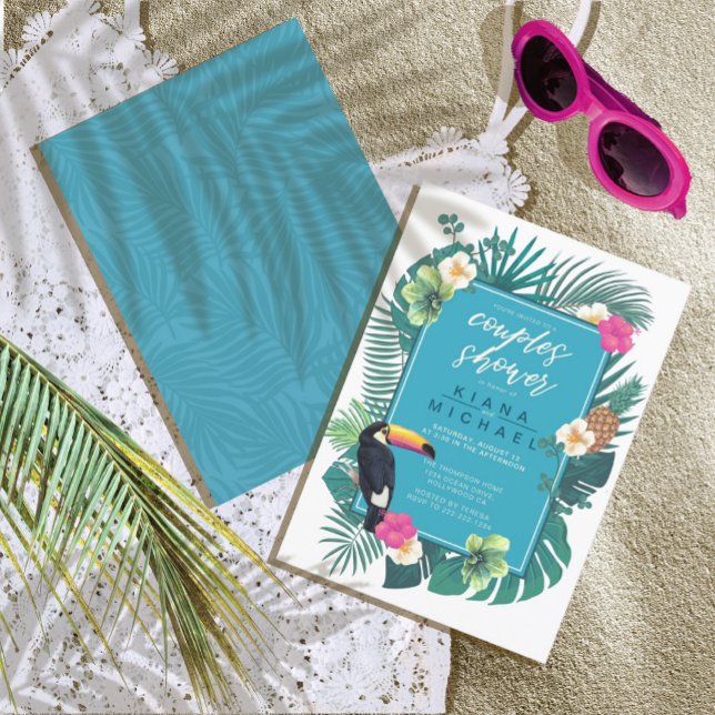 Watercolor Tropical Couples Shower Teal ID577 Invitation (Front/Back In Situ)