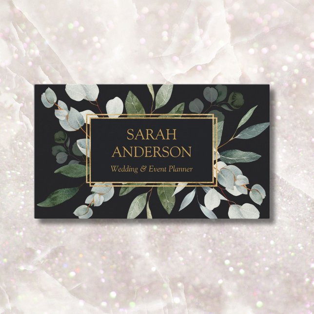 Watercolor Tropical Eucalyptus Greenery Black Business Card (In situ)