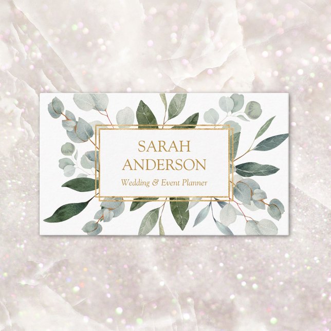 Watercolor Tropical Eucalyptus Greenery White Business Card (Close up)