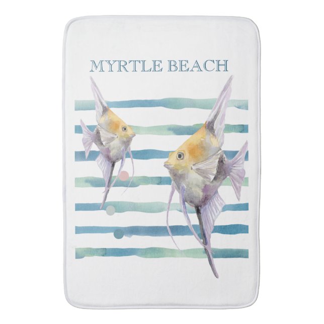 WATERCOLOR TROPICAL FISH,  VACATION BEACH HOUSE  BATH MAT (Front Vertical)