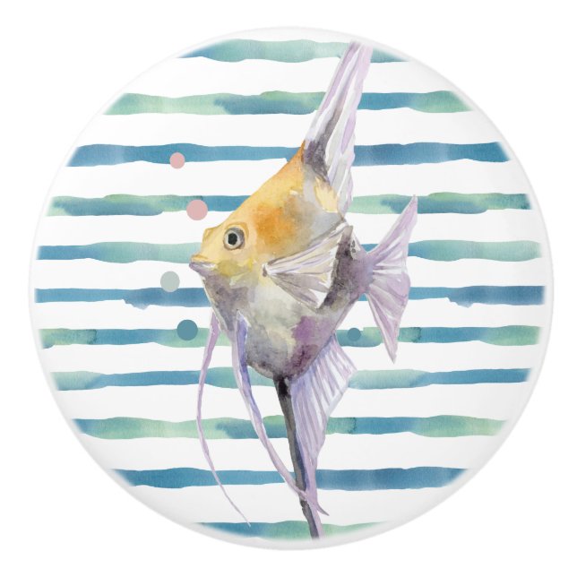 WATERCOLOR TROPICAL FISH,  VACATION BEACH HOUSE  CERAMIC KNOB (Front)
