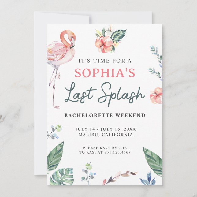 Watercolor Tropical Flamingo Bachelorette Invitation (Front)