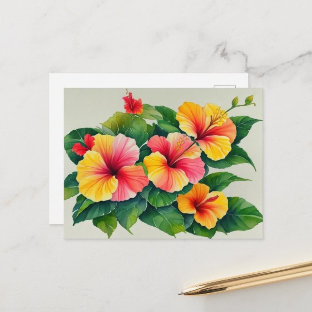 Watercolor Tropical Flora Red Yellow Hibiscus Postcard (Front/Back In Situ)