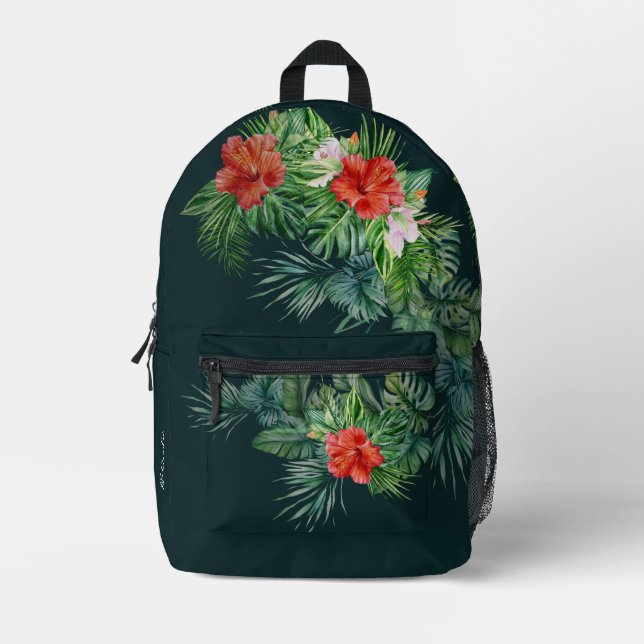 Watercolor Tropical Floral ADD NAME Printed Backpack (Front)