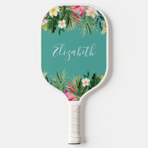 Watercolor Tropical Floral Add Name Teal White Pickleball Paddle
