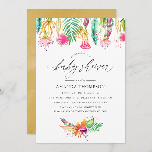 Watercolor Tropical Floral Baby Shower Invitation (Front/Back)