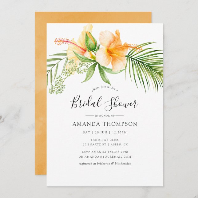 Watercolor Tropical Floral Beach Bridal Shower Invitation (Front/Back)