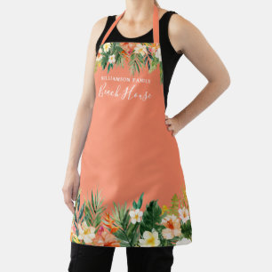 Watercolor Tropical Floral Beach House Coral Apron