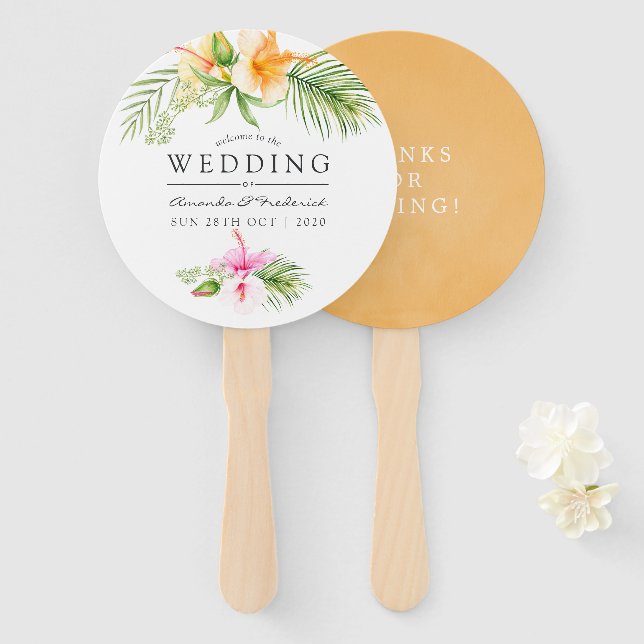 Watercolor Tropical Floral Beach Wedding Favour Hand Fan (Front and Back)